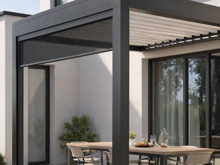 Pergola bioclimatique aluminium à lames orientables au-dessus d’une terrasse